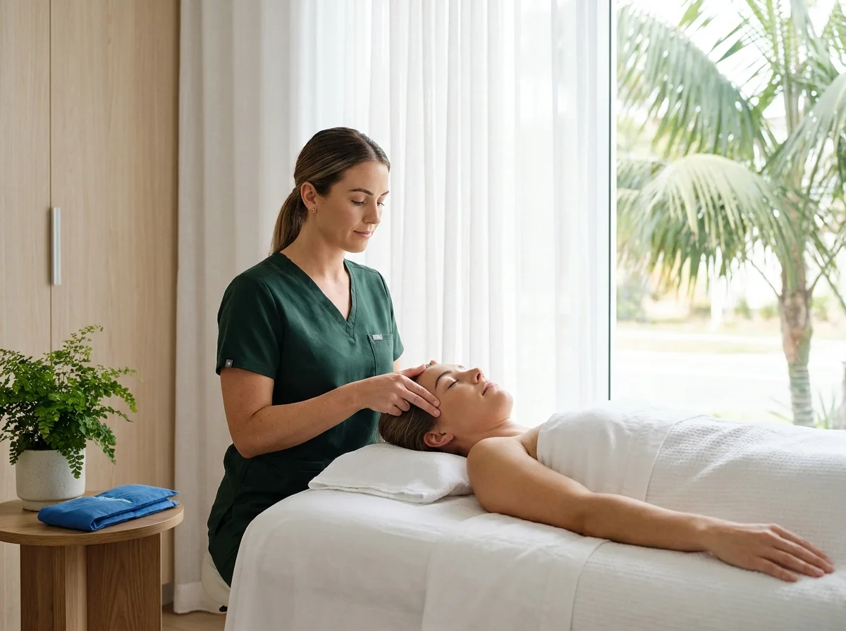 Therapist easing tension at a clients temples